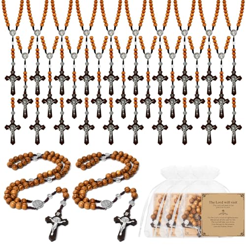 Taikula 30 PCs Wooden Rosary Necklace Rosary Beads Catholic Handmade Beads Necklace Prayer Holy Soil Medal and Metal Cross For Catholic Or Christian Gift Pouch Baptism Favors Gift - Image 1
