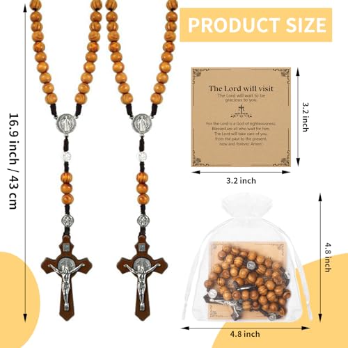 Taikula 30 PCs Wooden Rosary Necklace Rosary Beads Catholic Handmade Beads Necklace Prayer Holy Soil Medal and Metal Cross For Catholic Or Christian Gift Pouch Baptism Favors Gift - Image 3