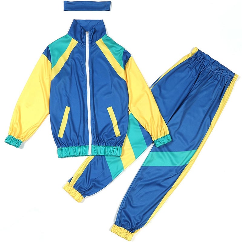 JELEUON Boys Girls Retro Hip Hop 80s Tracksuit Costume Dance Sportswear Top Pants Sets Outfit Colorblock Windbreaker Sets L - Image 1