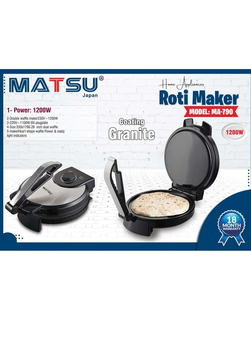 Generic MATSU 10-Inch Electric Roti Maker – 1200W Non-Stick Chapati, Paratha & Flatbread Press with Heavy-Duty Stainless Steel Body, Adjustable Temperature Control, Dual Indicator Lights for Power & Heat, Safety Lock for Secure Use, Easy-to-Clean Non-Stick Cooking Plates, Instruction Manual Included – 220-240V High-Efficiency Kitchen Appliance for Home Use in UAE  - Image 2