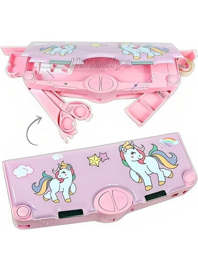 Sky Tech Sky Tech Unicorn Theme Magnetic Pencil Box Multifunctional Stationery For Girls, Magnetic Girls Pouch Return Gifts Kids (With Accessories, Plastic, Pink)  - Image 2