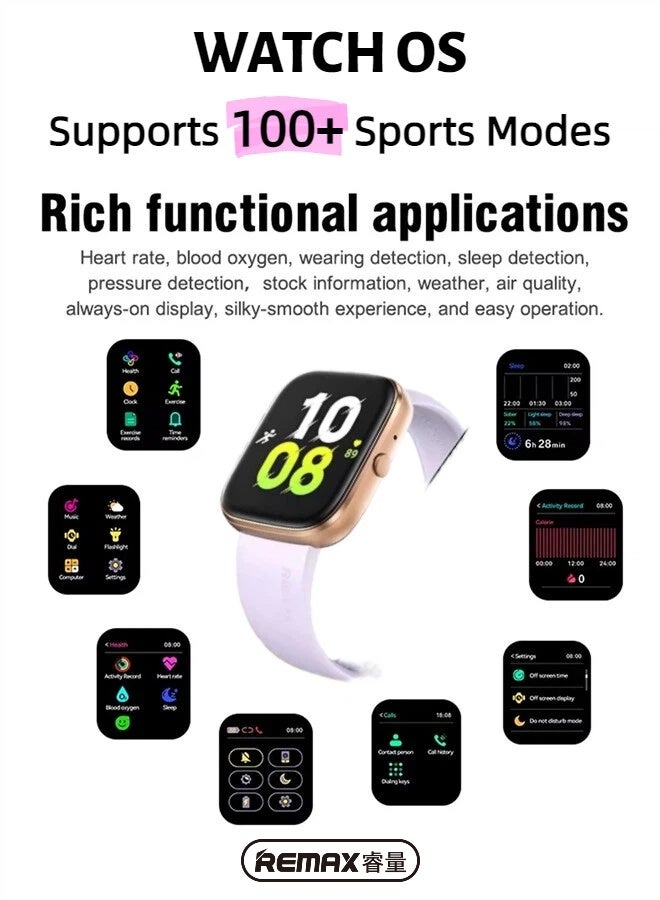 ريماكس ساعة WATCH25 الذكية المقاومة للماء بمعيار IP68، شاشة AMOLED عالية الدقة بالكامل مقاس 1.85 بوصة، ساعة رياضية، مكالمات بلوتوث، مراقبة معدل   ضربات القلب، مراقبة النوم، عمر بطارية طويل، إطار من سبائك الزنك، متوافقة مع أجهزة Android و iOS، لون ذهبي وردي. - Image 3