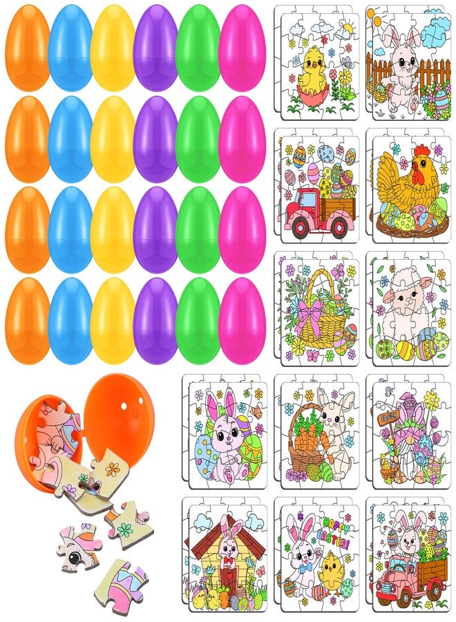 Realspring 24 Set Easter Eggs Jigsaw Puzzle for Kids Egg Hunt Game 24 Mini Bunny Puzzles DIY Coloring Paper Jigsaw Easter Eggs Basket Stuffers Fillers for Party Favors Classroom Exchange Reward School - Image 1