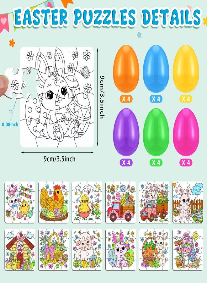Realspring 24 Set Easter Eggs Jigsaw Puzzle for Kids Egg Hunt Game 24 Mini Bunny Puzzles DIY Coloring Paper Jigsaw Easter Eggs Basket Stuffers Fillers for Party Favors Classroom Exchange Reward School - Image 2