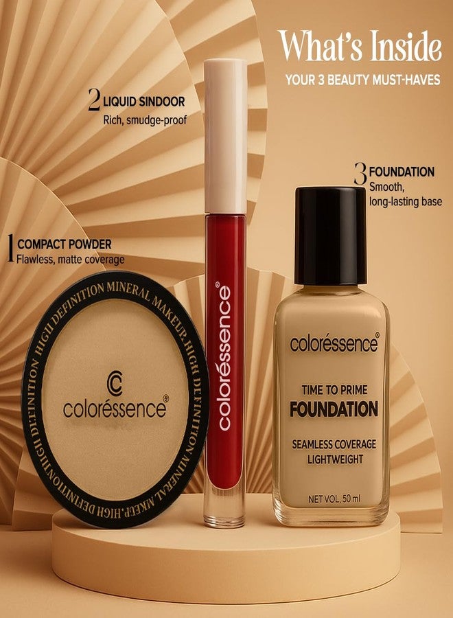 كالرسينس مجموعة مكياج الوجه Coloressence Glow Ritual للنساء ذوات البشرة المتوسطة، عبوة من 3 منتجات | بودرة مضغوطة، كريم أساس، وسيندور سائل | هدية للمرأة - Image 3