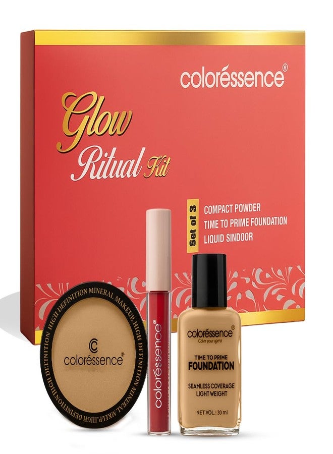 كالرسينس مجموعة مكياج الوجه Coloressence Glow Ritual للنساء ذوات البشرة المتوسطة، عبوة من 3 منتجات | بودرة مضغوطة، كريم أساس، وسيندور سائل | هدية للمرأة - Image 1