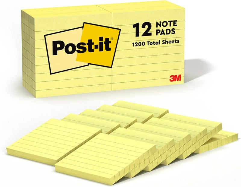 Post It Super Sticky Yellow Notes Lined 3 x 3 in (76 x 76 mm) 630SS, 12 pads/pack | Canary Yellow | Extra Sticky Notes | For Note Taking, To Do Lists | Clean Removal | Recyclable | 90 sheets/pad - Image 1