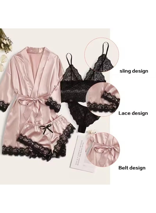 MRMISS Women's suspender pajamas set, silk satin pajamas set, floral embroidered breathable women's bathrobe nightdress underwear panties - 4-piece set - Image 4