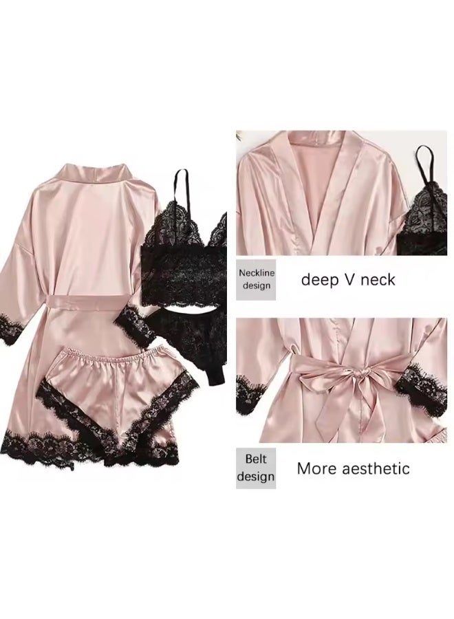 MRMISS Women's suspender pajamas set, silk satin pajamas set, floral embroidered breathable women's bathrobe nightdress underwear panties - 4-piece set - Image 3