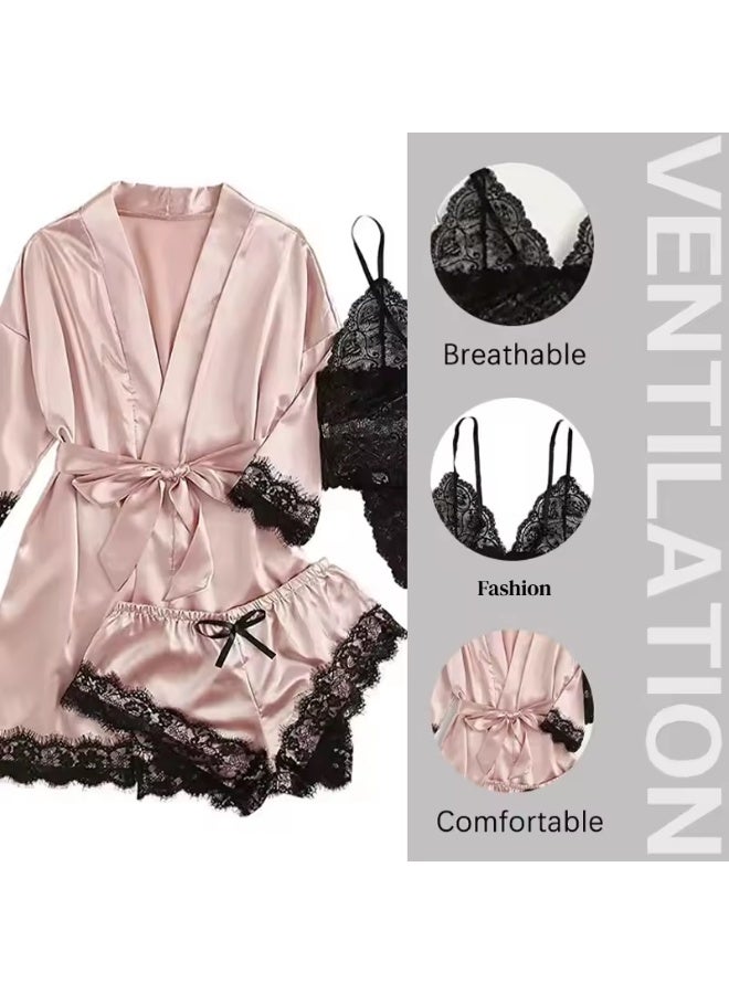 MRMISS Women's suspender pajamas set, silk satin pajamas set, floral embroidered breathable women's bathrobe nightdress underwear panties - 4-piece set - Image 5