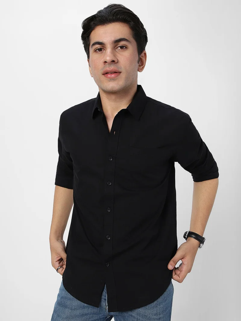 Urbano Fashion Men's Black Cotton Full Sleeve Regular Fit Casual Solid Shirt