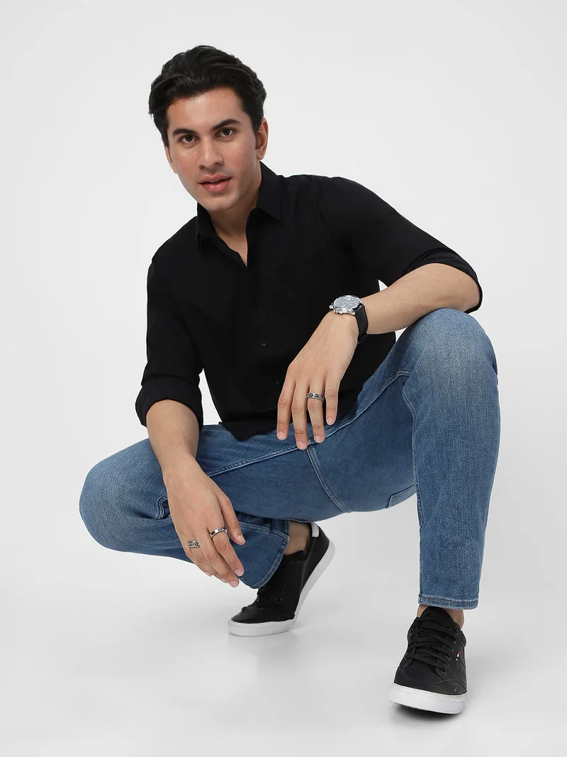 Urbano Fashion  Urbano Fashion Men's Black Cotton Full Sleeve Regular Fit Casual Solid Shirt for Men | Best Price UAE