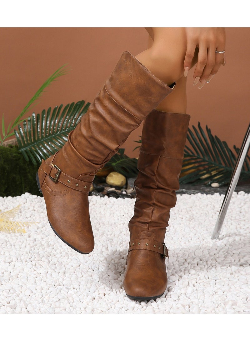 NIBEMINENT Women's Metal Beads Decor Boots, Fashion Side Zipper Dress Boots, Stylish Faux Leather Knee Boots  - Image 2