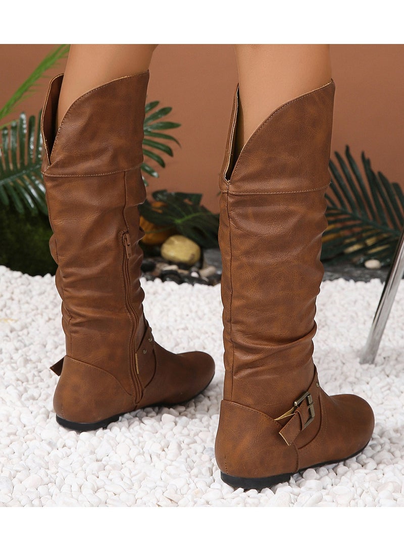 NIBEMINENT Women's Metal Beads Decor Boots, Fashion Side Zipper Dress Boots, Stylish Faux Leather Knee Boots  - Image 4