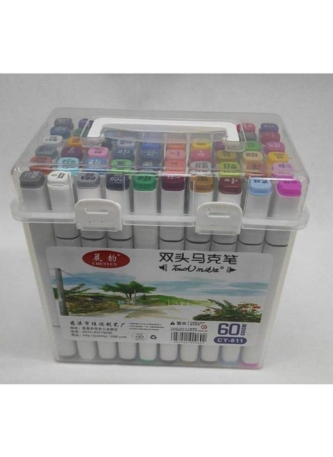 A set of colored marker pens with 2 nibs of 60 colors for the office, multi-colored, fine