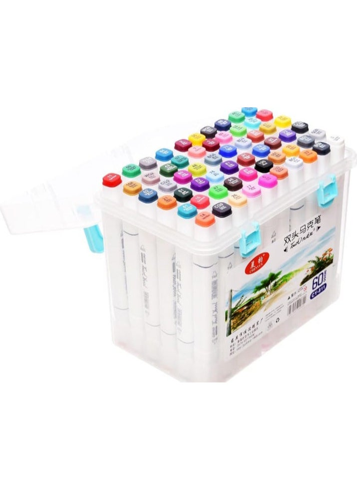 A set of colored marker pens with 2 nibs of 60 colors for the office, multi-colored, fine