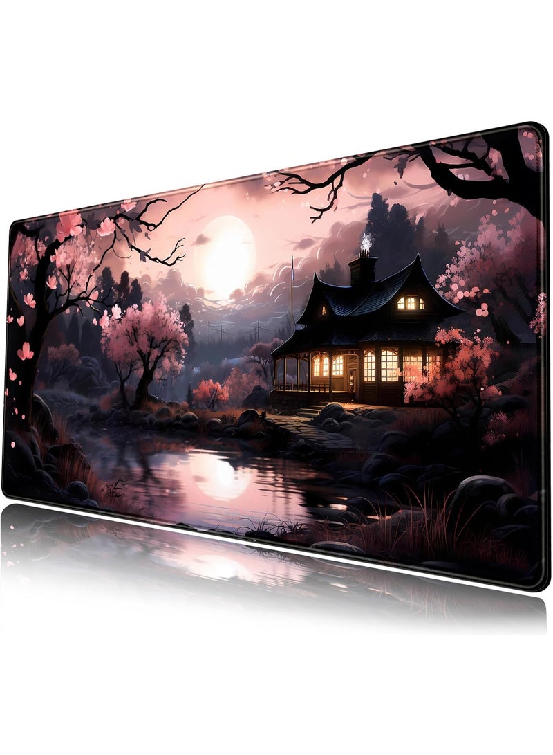 Japan Sakura Blooms Desk Mat Japanese Mouse Pad Large Cute Black Pink Aesthetic Desk Pad Gaming Mousepad Extended Keyboard Mat Computer Laptop Mouse Desktop Mat 70 x 30 cm x 2mm with Stitched Edges Non-Slip, Large Keyboard Mat for Desktop Computer Laptop Work Home Cute Office Desk Accessories - Image 1
