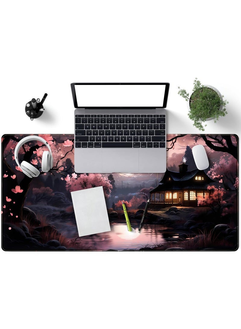 Japan Sakura Blooms Desk Mat Japanese Mouse Pad Large Cute Black Pink Aesthetic Desk Pad Gaming Mousepad Extended Keyboard Mat Computer Laptop Mouse Desktop Mat 70 x 30 cm x 2mm with Stitched Edges Non-Slip, Large Keyboard Mat for Desktop Computer Laptop Work Home Cute Office Desk Accessories - Image 2