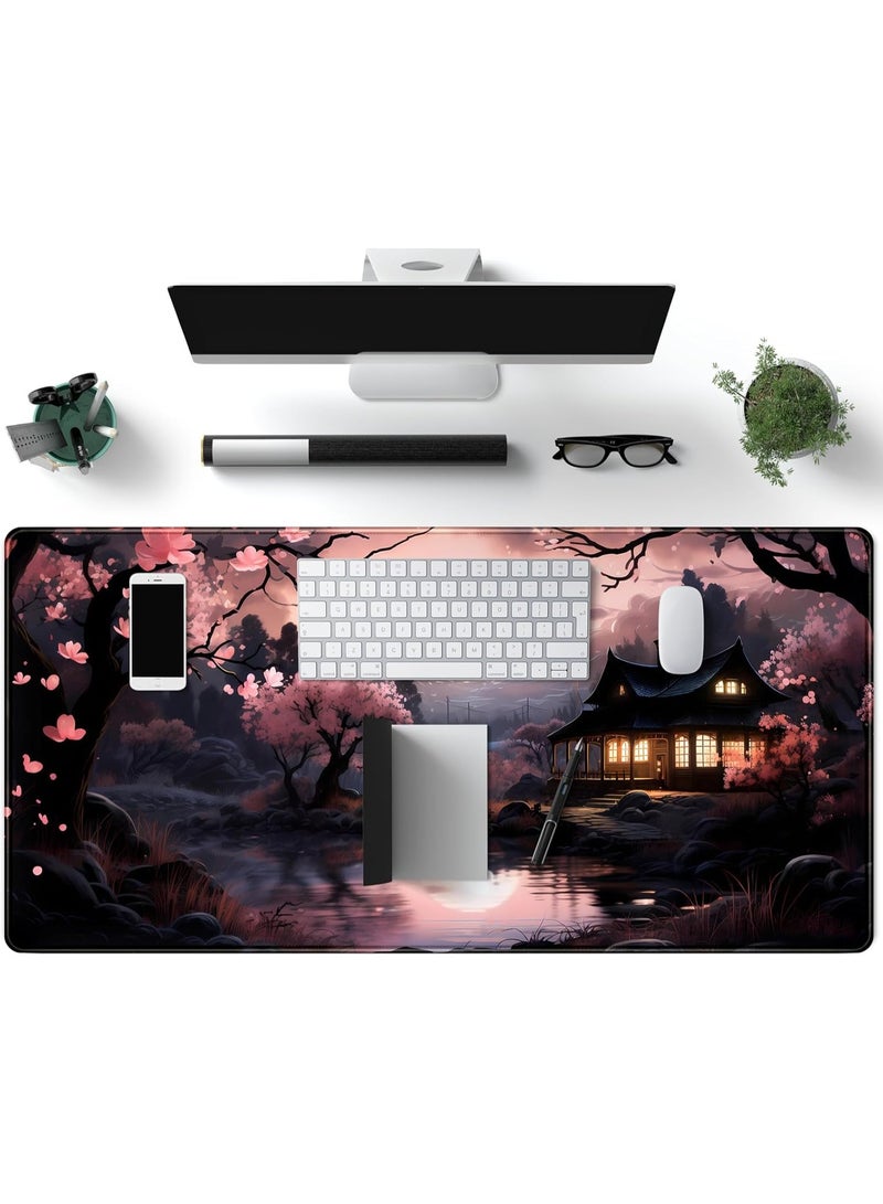 Japan Sakura Blooms Desk Mat Japanese Mouse Pad Large Cute Black Pink Aesthetic Desk Pad Gaming Mousepad Extended Keyboard Mat Computer Laptop Mouse Desktop Mat 70 x 30 cm x 2mm with Stitched Edges Non-Slip, Large Keyboard Mat for Desktop Computer Laptop Work Home Cute Office Desk Accessories - Image 4