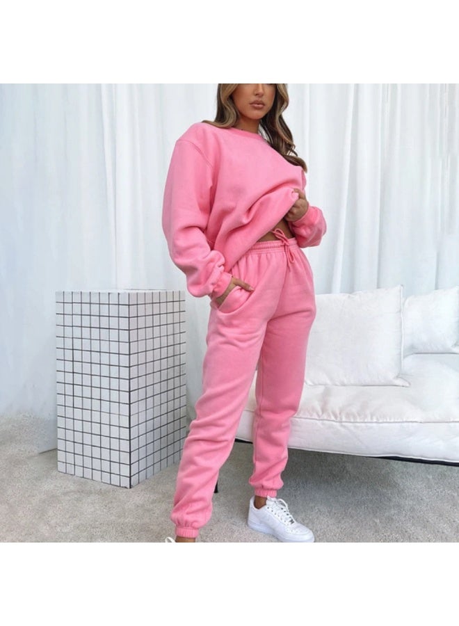 NIBEMINENT Spring And Autumn Solid-color Round-neck Pullover Long Pants For Women, Fashionable And Casual Long-sleeved Set - Image 1