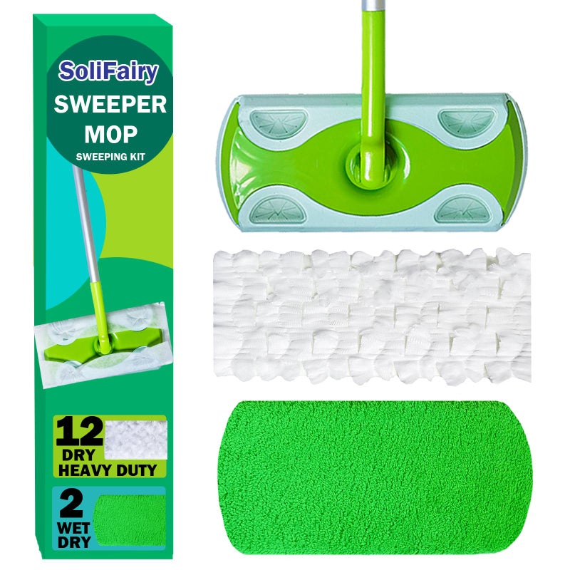 SoliFairy Sweeper Mop, Dry & Wet 2-in-1 Floor Mopping and Sweeping Kit, Includes 51" Sweeper Handle, 12 Heavy Duty Dry Cloths, 2 Reusable Wet & Dry Pads for Swiffer Sweeper, Dust Mop - Image 1