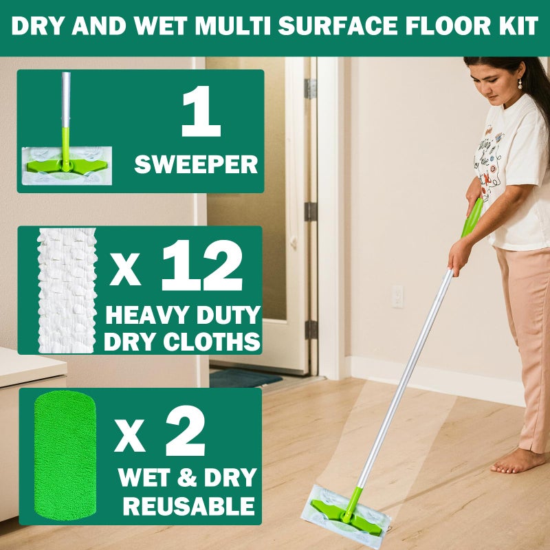 SoliFairy Sweeper Mop, Dry & Wet 2-in-1 Floor Mopping and Sweeping Kit, Includes 51" Sweeper Handle, 12 Heavy Duty Dry Cloths, 2 Reusable Wet & Dry Pads for Swiffer Sweeper, Dust Mop - Image 2