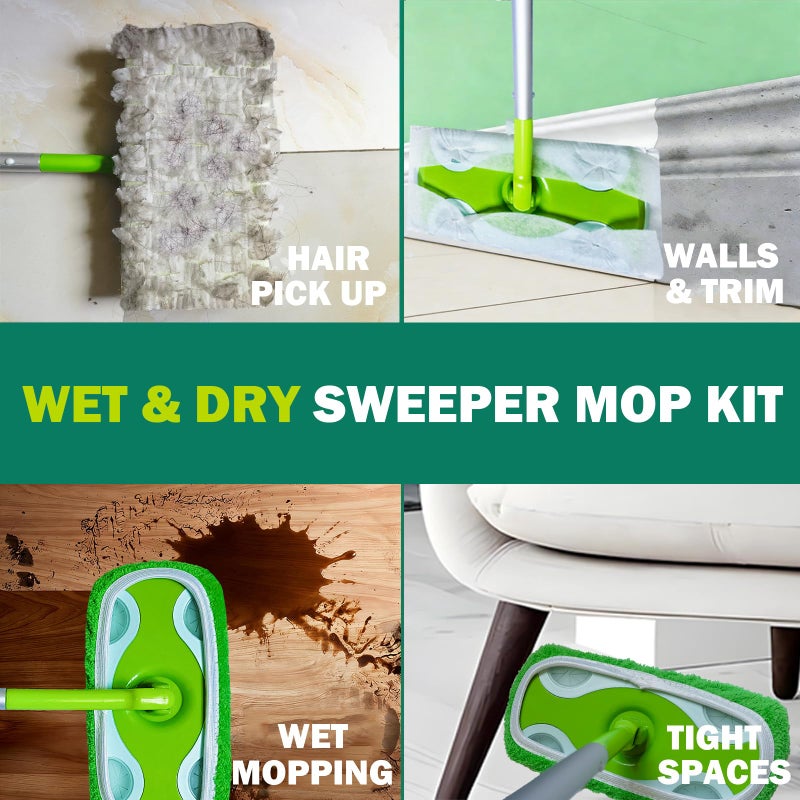 SoliFairy Sweeper Mop, Dry & Wet 2-in-1 Floor Mopping and Sweeping Kit, Includes 51" Sweeper Handle, 12 Heavy Duty Dry Cloths, 2 Reusable Wet & Dry Pads for Swiffer Sweeper, Dust Mop - Image 3