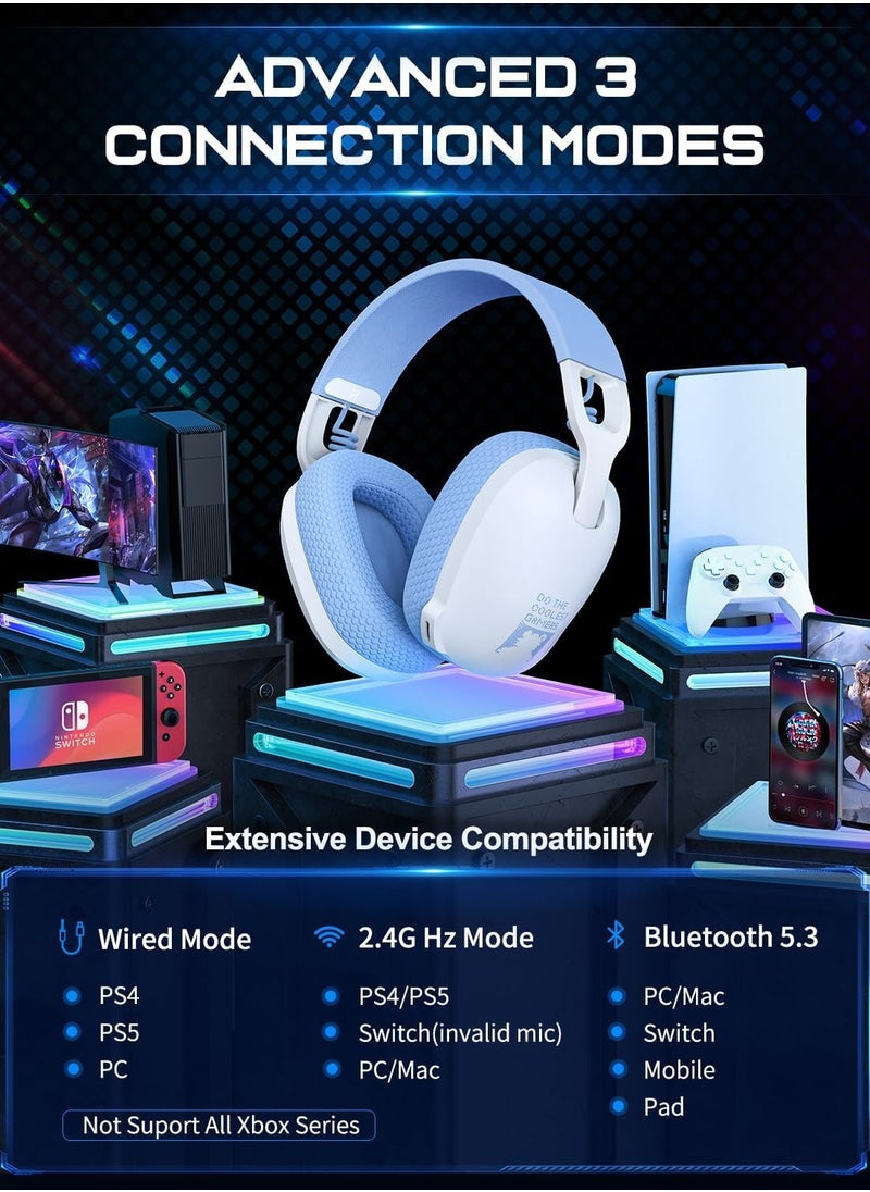 B2 Wireless Gaming Headset with Mic,Over-Ear Gaming Headphone for PS4, PS5, PC, Switch, Mac,2.4GHz Bluetooth 5.3 Gaming Headphones with Noise Cancelling Mic,White