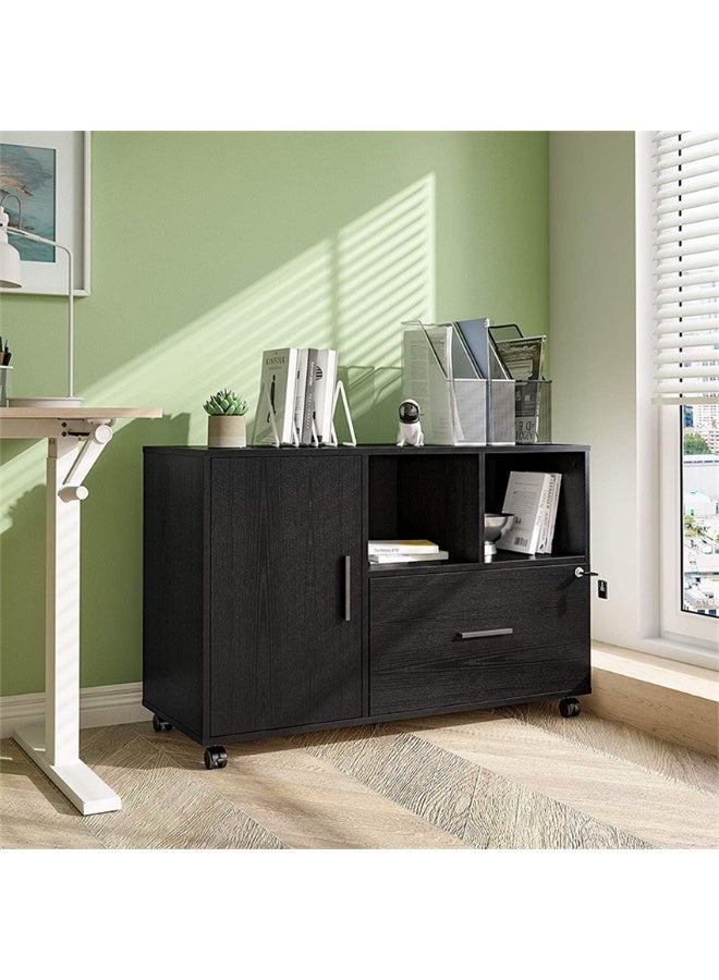 خزانة الملفات ، رف تخزين مفتوح للطابعة مع عجلات ، خزانة الوثائق الخشبية الجانبية مع قفل للمكتب المنزلي أثاث منظم الفضاء (WJG004 ، الأسود) - Image 2