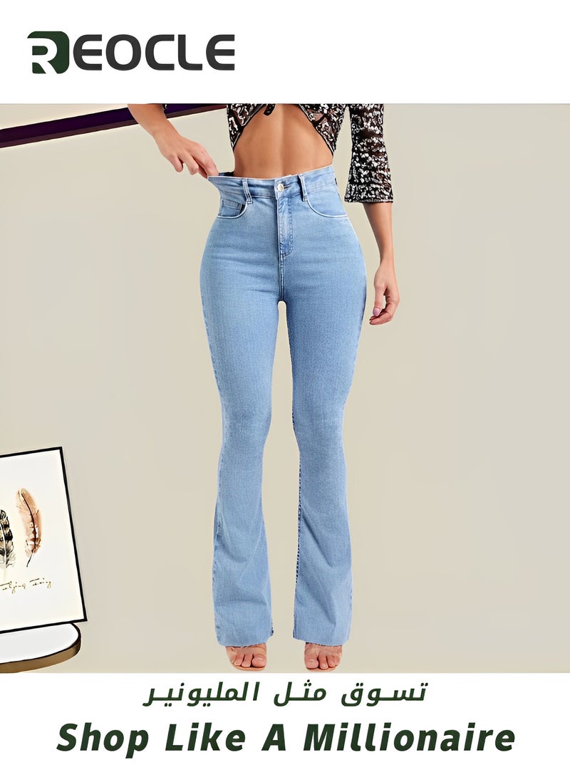 REOCLE Women's Jeans Wide Leg Jeans Mid Waisted Straight Leg Loose Stretchy Lightweight Tummy Control Trendy Jeans - Image 2