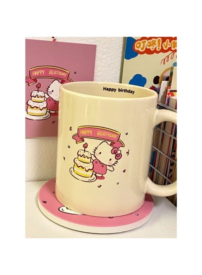 Cute Hello Kitty Mark Cup Ins Style High Color Value Cartoon Hellokitty Water Cup Cup Dormitory Belt Handle-Color:Cup➕Wooden Spoon-Capacity:Standard  - Image 3