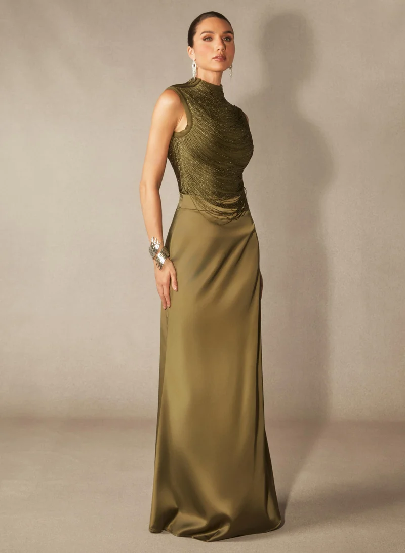 Sunfere Alisha Sleeveless Beaded Crop Top & Satin Skirt Set