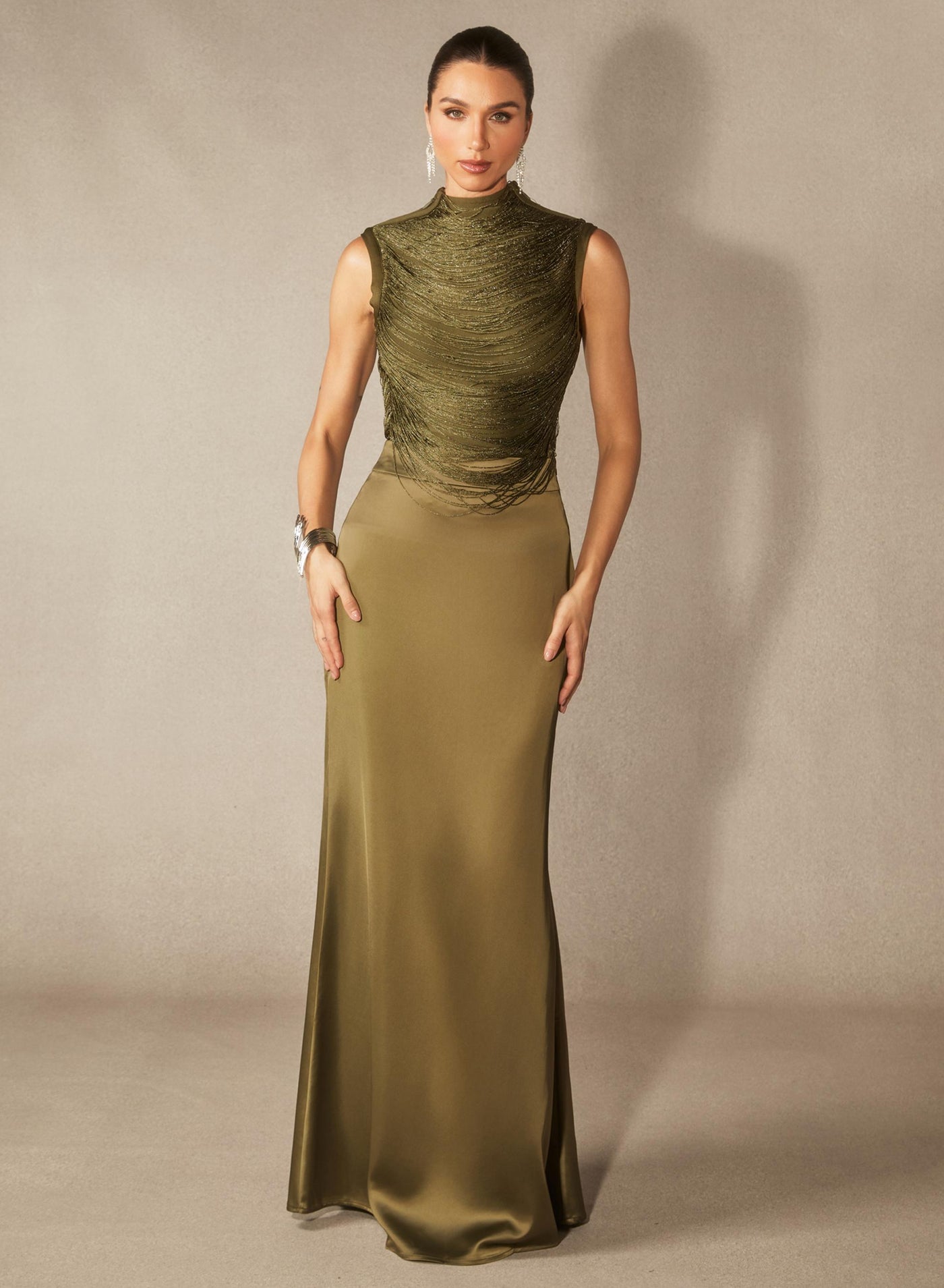 Alisha Sleeveless Beaded Crop Top & Satin Skirt Set