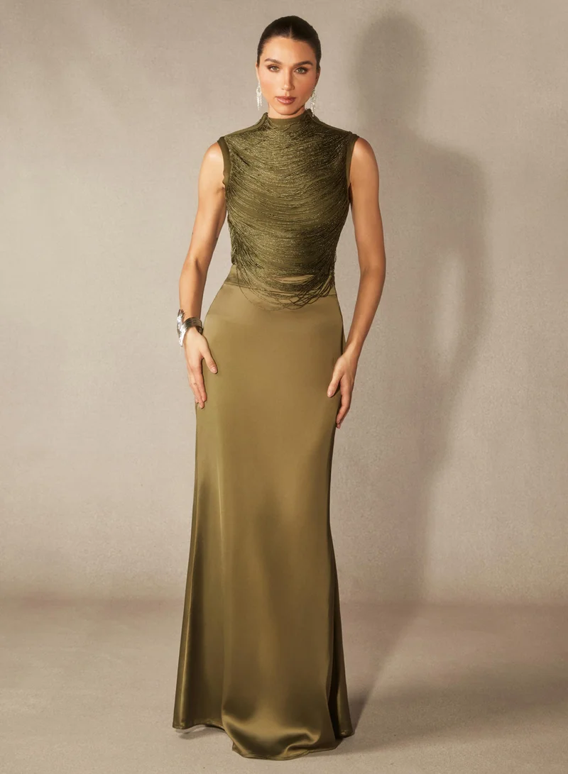 Sunfere Alisha Sleeveless Beaded Crop Top & Satin Skirt Set