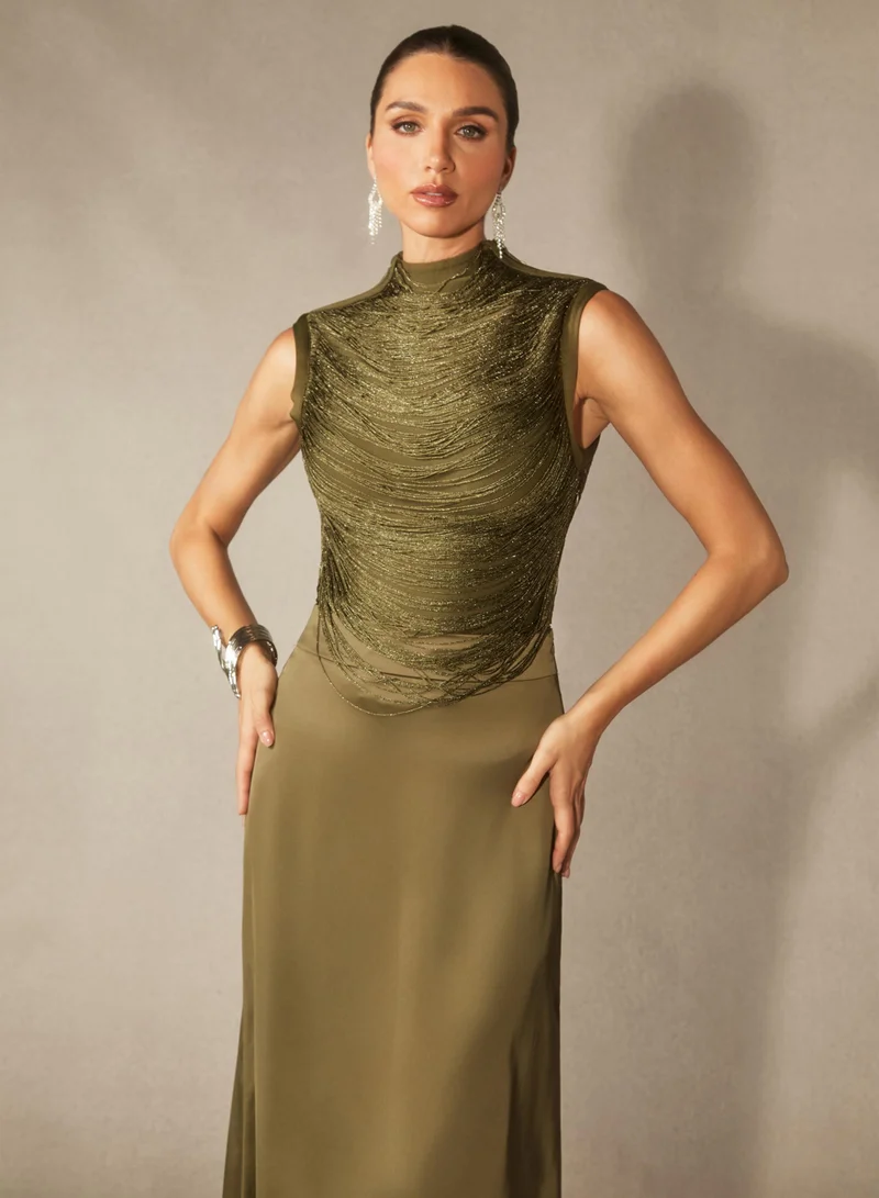 Sunfere  Alisha Sleeveless Beaded Crop Top & Satin Skirt Set for Women | Best Price UAE