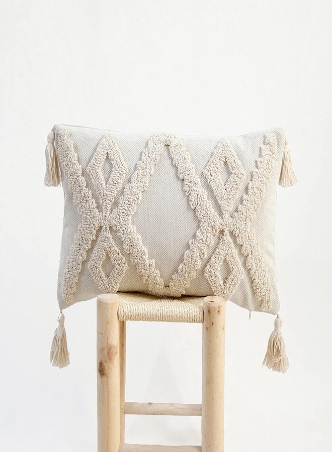 RinRinfam Boho Tufted Lumbar Throw Pillow Cover 12x 20, Modern Simple Diamond Farmhouse Neutral Linen Pillow Cushion Cases with Tassels, Cream Decorative Pillows for Bed, Outdoor Couch Bedroom Car - Image 1