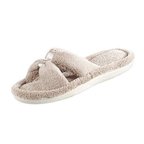 isotoner Women’s Indoor/Outdoor Slip-on Microterry X-Slide Slippers with Satin and Memory Foam Comfort , Taupe, 6.5-7 US - Image 1