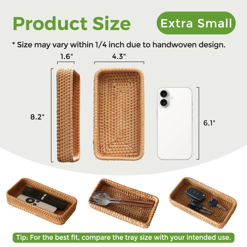 S310 Small Rattan Serving Tray, Natural Wicker Decorative Tray Handwoven for Keys Trinkets Rings Cosmetics, Decorative Jewelry Perfume Tray for Coffee Table Entryway Living Room(8.2" Ã— 4.3") - Image 3