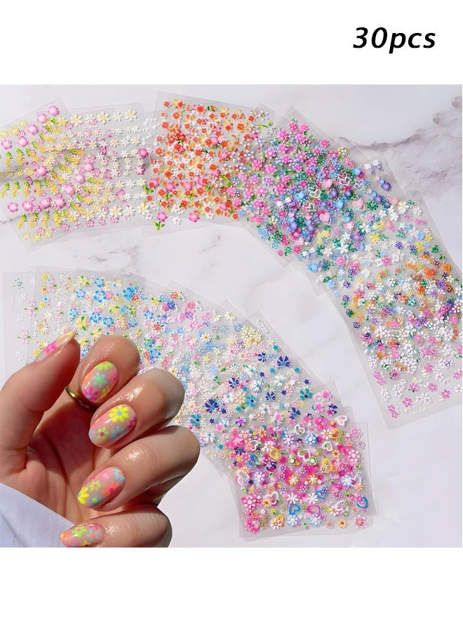 30 ورقة ملصقات أظافر على شكل زهور ملونة، ملصقات أظافر ثلاثية الأبعاد ذاتية اللصق، ملصقات أظافر على شكل زهور الأقحوان اللطيفة، لوازم أظافر على شكل قلب، إكسسوارات تزيين تصميم فن الأظافر للنساء والفتيات - Image 1
