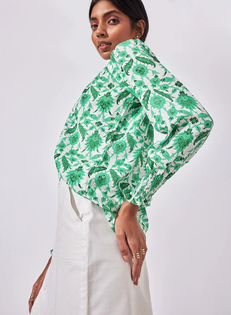 The Label Life The Label Life Women's Leaf Print Smocked Blouse - Green