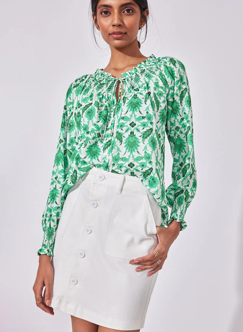The Label Life The Label Life Women's Leaf Print Smocked Blouse - Green