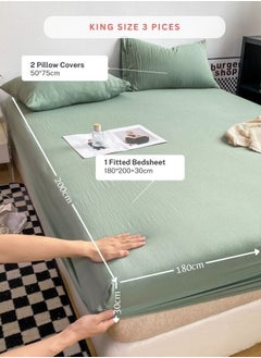 LUNA Home 3-Piece Set: Includes a king-size fitted bedsheet and two pillowcases, washable cotton in a light green color.  - Image 2