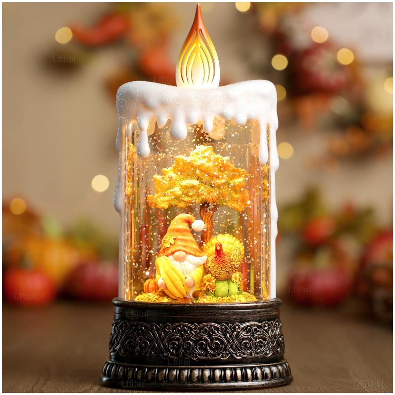 Lffital Fall Snow Globe Lantern Fall Decor Candle Shape with Gnome and Turkey Lighted Thanksgiving Decorations with Timer Swirling Glitter for Tabletop Autumn Festival Harvest Day