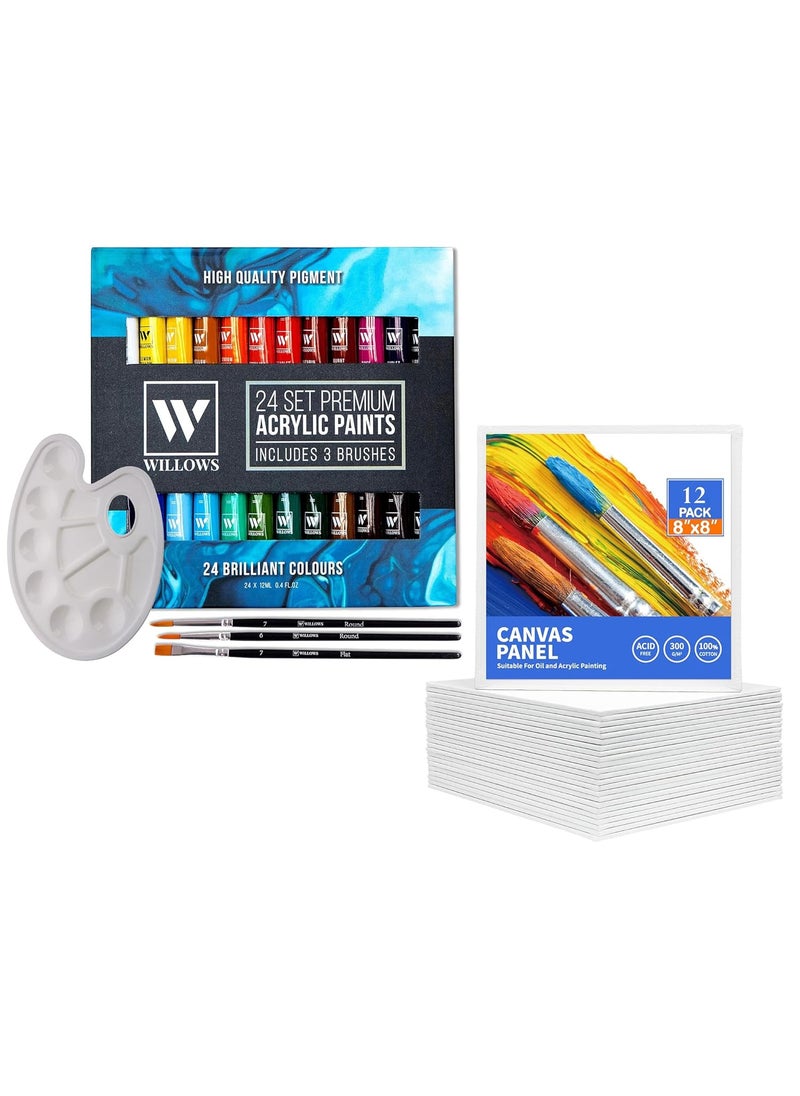 STORE 2508 - Store2508 Willows Acrylic Paint Set – 24 Premium Acrylic Paint Tubes (12ml), 3 Brushes, Palette, 12 Pcs Canvas. Vibrant, Non-Toxic Pigments for Canvas, Glass, Plastic, Rocks, Arts and Crafts - Image 1