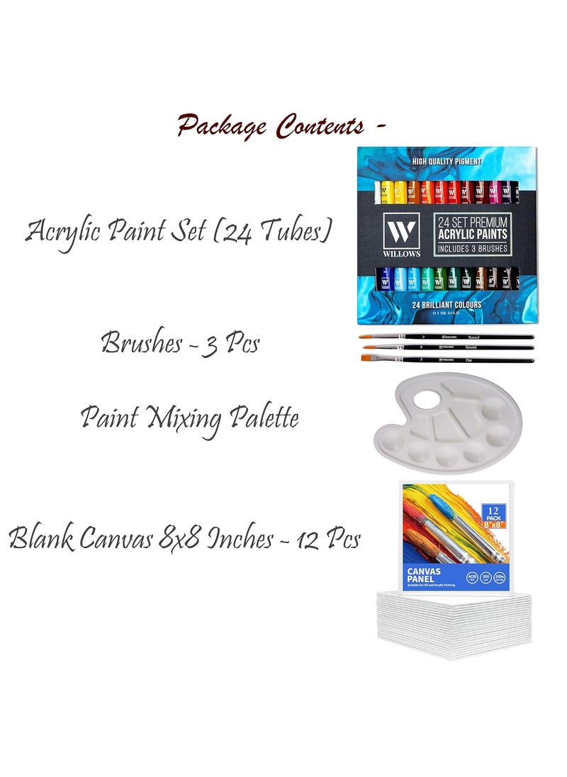 STORE 2508 - Store2508 Willows Acrylic Paint Set – 24 Premium Acrylic Paint Tubes (12ml), 3 Brushes, Palette, 12 Pcs Canvas. Vibrant, Non-Toxic Pigments for Canvas, Glass, Plastic, Rocks, Arts and Crafts - Image 1
