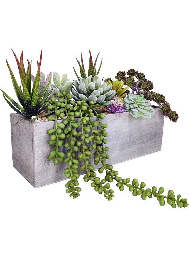 Supla Artificial Pre-Made Succulent Wood Planter Arrangement 10 Pcs Assorted Fake Succulent Plants in Rectangular Wooden Planter Box Faux Potted Succulents Centrepiece Succulent Garden - Image 2