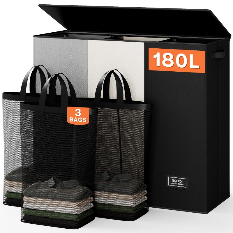 SOLEDI Laundry Hamper 3 Section with Lid and 3 Pcs Laundry Bag Large Hamper 3 Compartment 180L Basket Sorter for Bedroom Blanket Storage