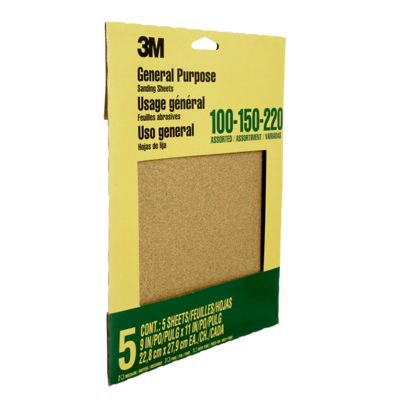 3M Aluminum Oxide Sandpaper, 5 Sheets, Assorted Grit 100-150-220, 9-in x 11-in, Multi-Purpose Abrasive Sanding Paper, For General Purpose Sanding On Paint, Wood and Metal (9005NA) - Image 2