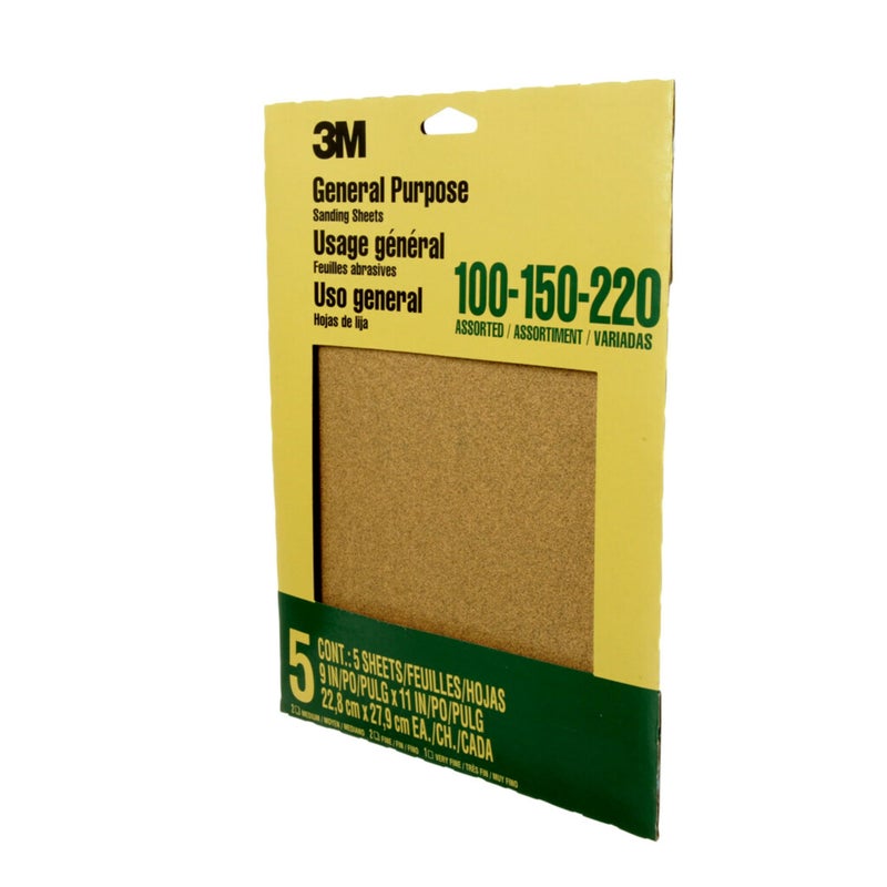 3M Aluminum Oxide Sandpaper, 5 Sheets, Assorted Grit 100-150-220, 9-in x 11-in, Multi-Purpose Abrasive Sanding Paper, For General Purpose Sanding On Paint, Wood and Metal (9005NA) - Image 4