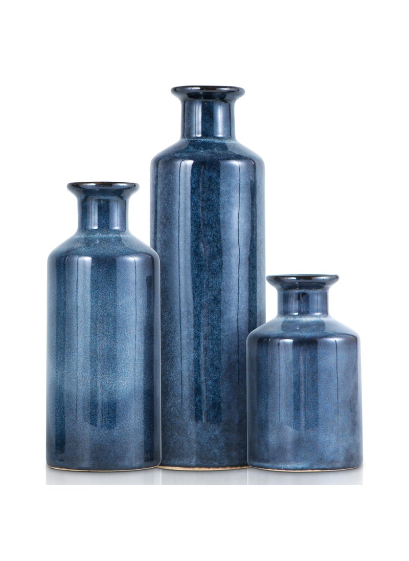 Mowtanco Mowtanco Blue Ceramic Vase Set of 3 Small Vases  Modern Farmhouse for Home Decor Bottles  Rustic Terracotta Vase Decorative Vases for Table Fireplaces Decor  Bookshelf  Living Room  - Image 1